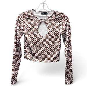 ASOS Design Checkerboard Daisy MOD Stretch Keyhole Long Sleeve Crop Top Size 4